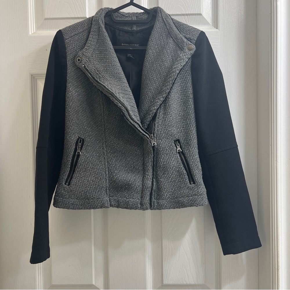 Banana Republic Gray Black Moto Style Asymmetrical Zipper Tweed Blazer Jacket